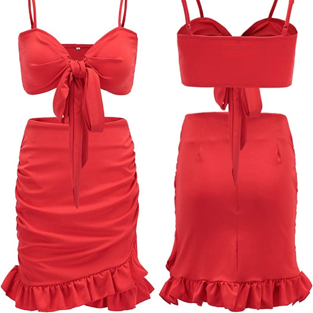 Relipop Women’s Strappy Crop Top Two Piece Outfit Bodycon Ruffle Skirt [US S]